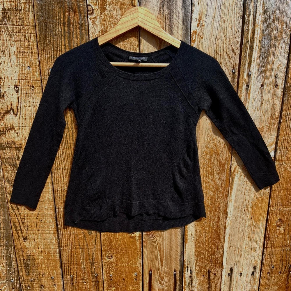 SOLD Eileen Fisher Petite Merino Wool Sweater 3/4 Length Sleeves, Black